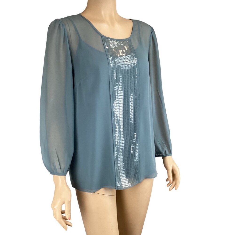 Talbots Top Size 8 Blue Sequin-Embellished Long Sleeve Blouse 2PC - Picture 4 of 9